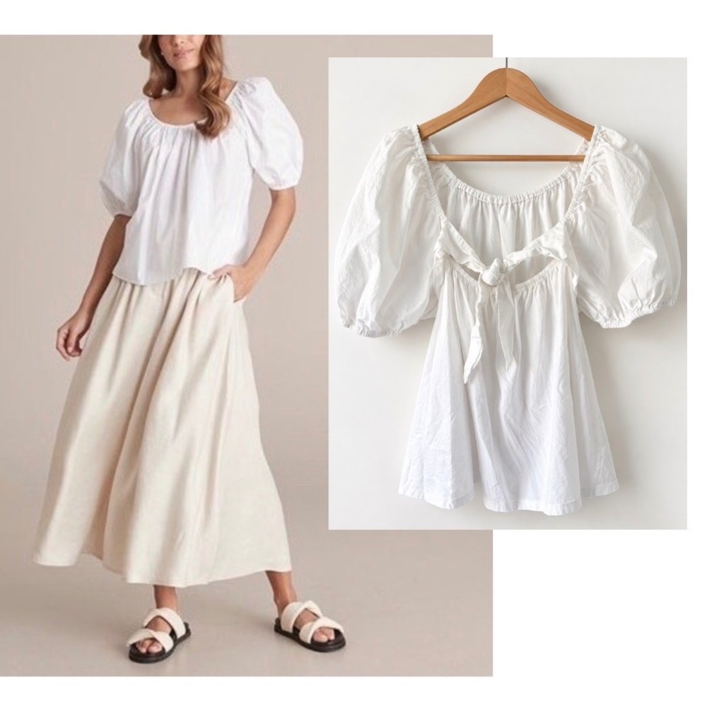 A New Day sz L Puff Sleeve TieBack Babydoll Blouse Top Feminine Romantic Cottage